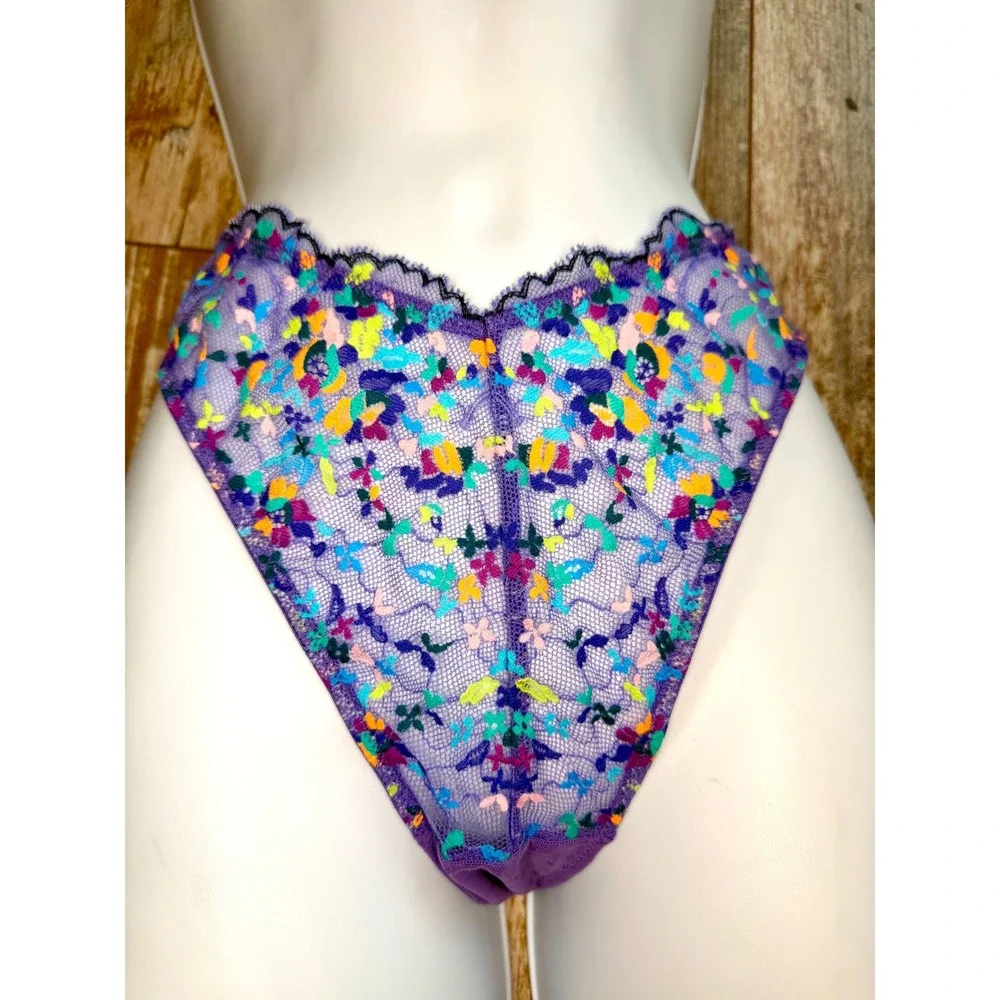 Savage X Fenty Steamy Floral Lace Bra 34B & Thong Medium Set Purple Royale